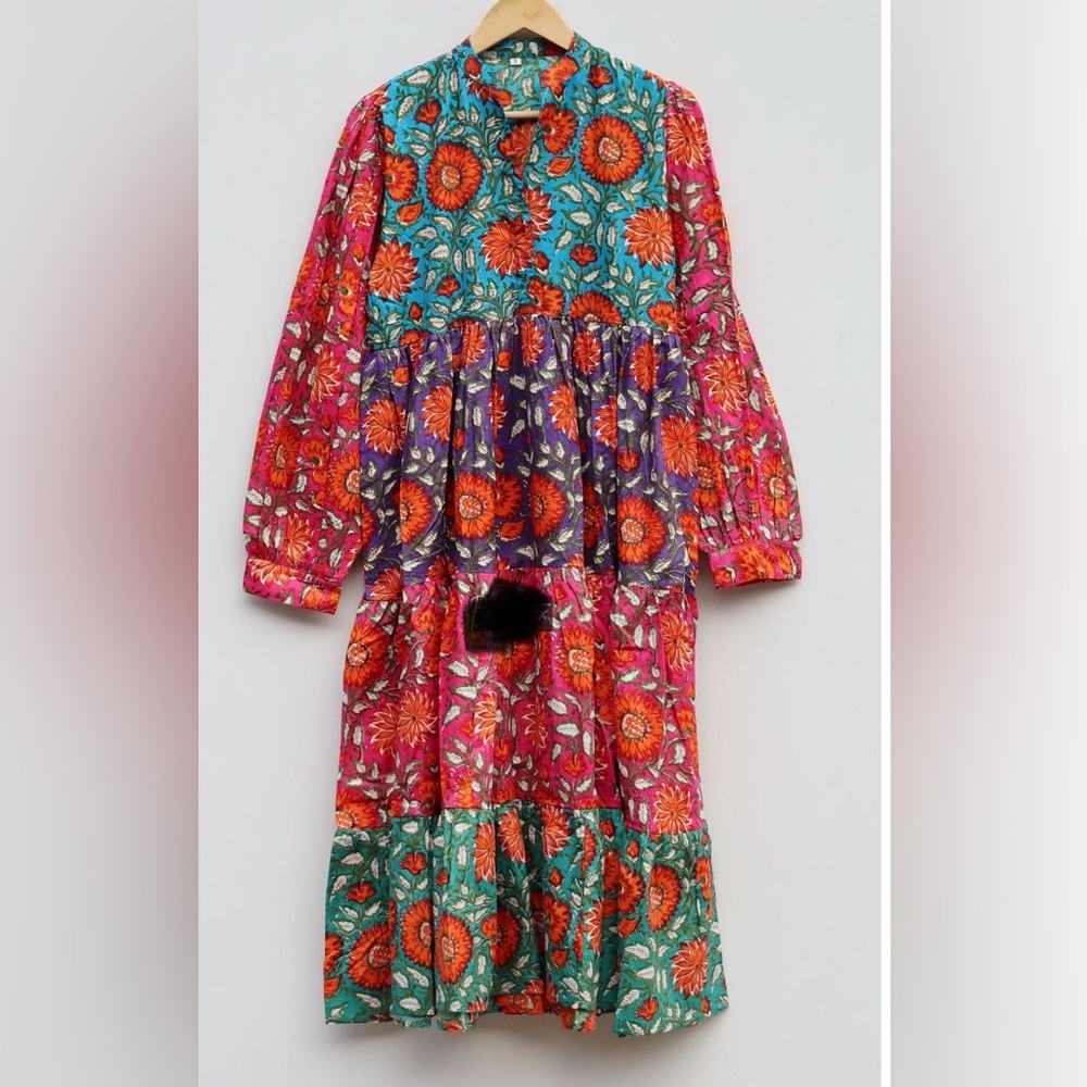 New Hand Blocked Printed Cotton Imported from India Boho Dress Large